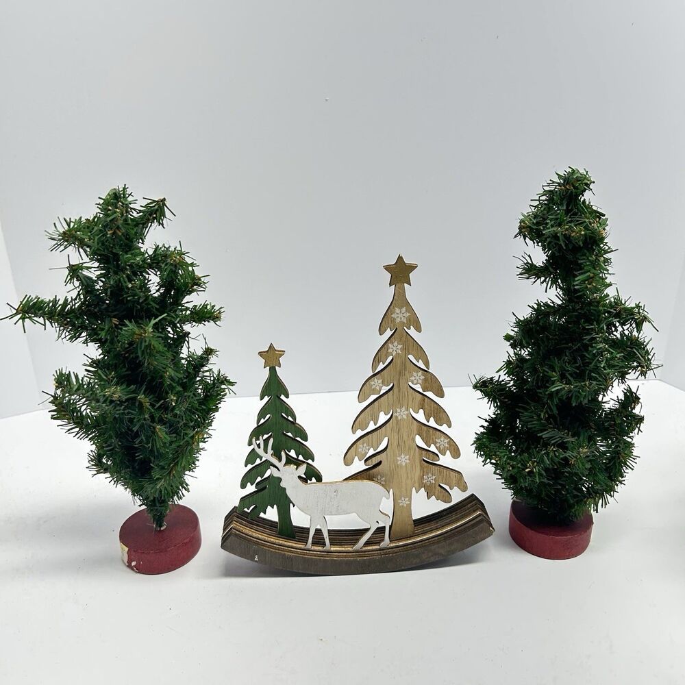Vintage Russ Berrie Miniature Trees & Ganz Wood Rocking Deer Christmas Lot